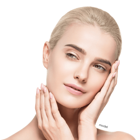 Blepharoplasty procedure. Woman tilting head looking off.